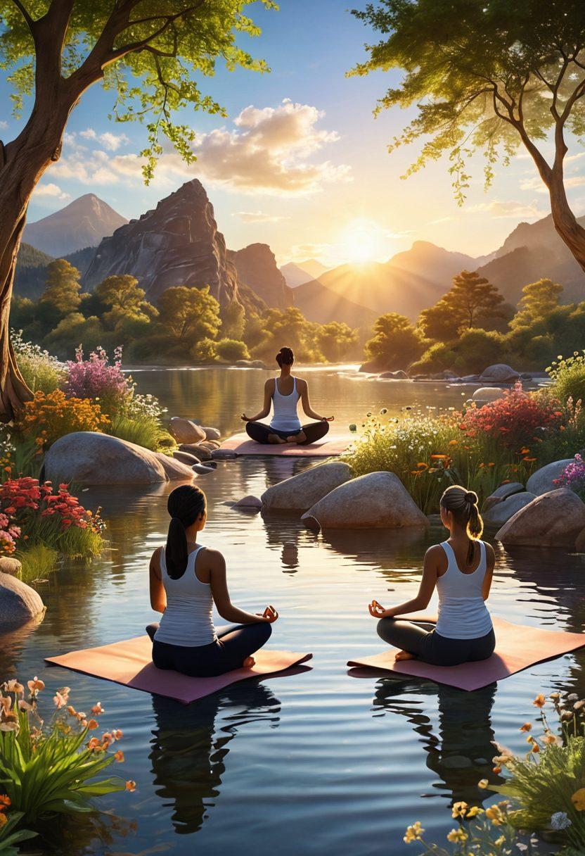 An uplifting scene depicting diverse individuals practicing various holistic wellness techniques like yoga, meditation, and herbal therapies in a serene nature setting. Incorporate supportive symbolism such as open hands, sunshine, and blooming flowers representing growth and survivorship. A calm river flowing through the landscape enhances tranquility. vibrant colors. natural light. 3D.