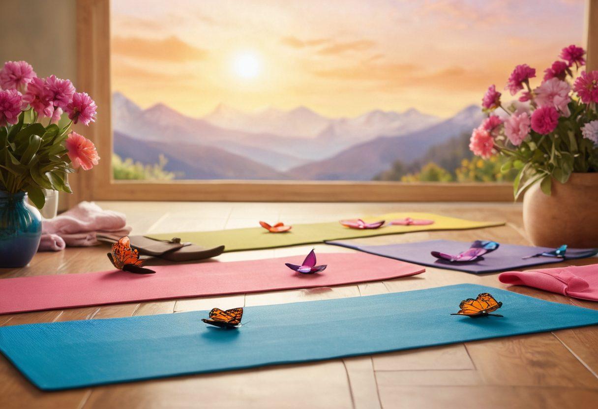 A serene landscape showing a diverse group of cancer warriors gathered together, sharing support and knowledge. Include symbols of hope like butterflies and blooming flowers. Visualize a mix of medical tools and wellness resources such as yoga mats and healthy foods in the foreground. Incorporate warm, inviting colors to evoke a sense of strength and community. super-realistic. vibrant colors. soft focus.