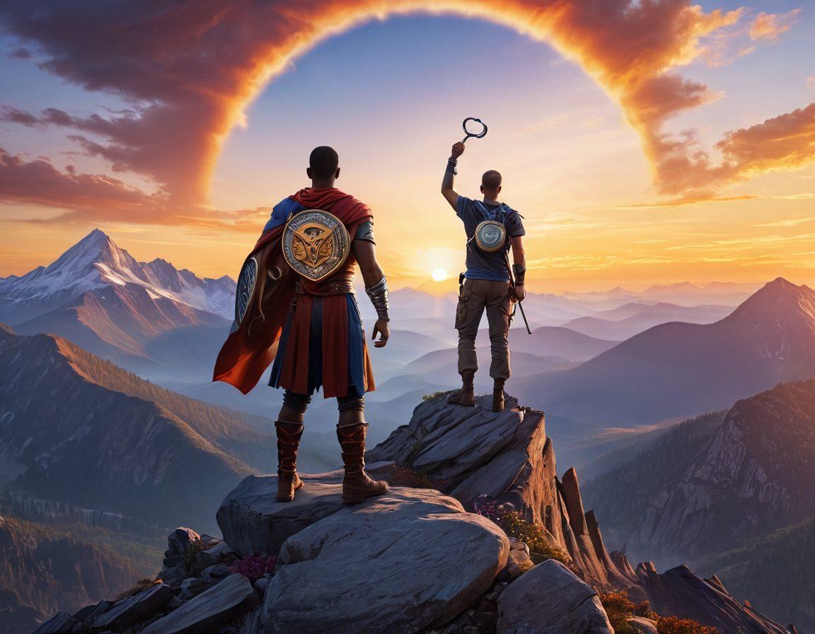 A strong, determined warrior standing on a mountain peak, symbolizing triumph over adversity. In the background, a sunrise symbolizes hope and renewal, with various icons representing treatment options like a stethoscope, ribbons, and resources. The warrior holds a shield that reflects a diverse, supportive community. The overall tone is empowering and inspiring. super-realistic. vibrant colors. motivational atmosphere.